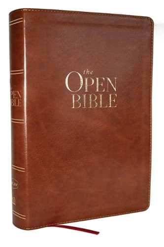 Cover of The Open Bible: Read and Discover the Bible for Yourself (NKJV Brown Leathersoft, Red Letter, Comfort Print)