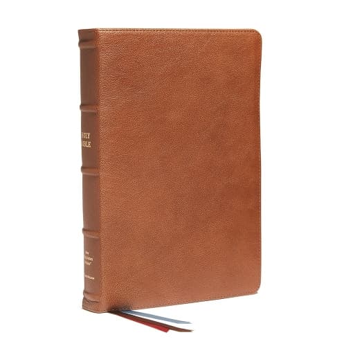 Cover of NKJV, End-of-Verse Reference Bible, Personal Size Large Print, Premium Goatskin Leather, Brown, Premier Collection, Red Letter, Thumb Indexed, Comfort Print