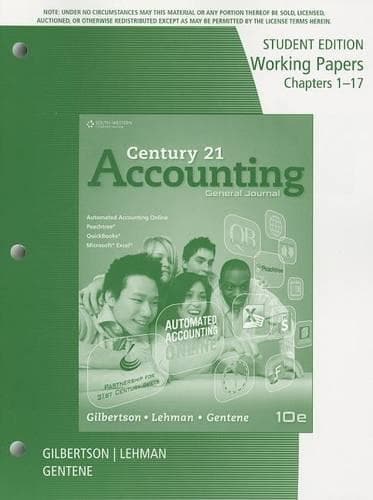 Cover of Working Papers, Chapters 1-17 for Gilbertson/Lehman/Gentene's Century  21 Accounting: General Journal, 10th