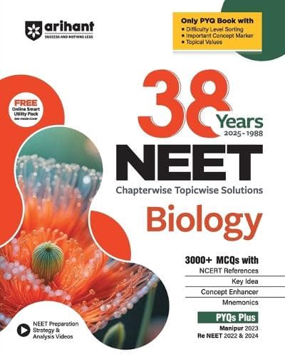 Cover of Arihant 38 Years NEET Biology Chapterwise Topicwise Solved Papers (1988 to 2025) 1500+ MCQs with NCERT References, Concept Enhancer, Difficulty Level Sorting Includes Manipur 2023 and Re-NEET 2022 and 2024